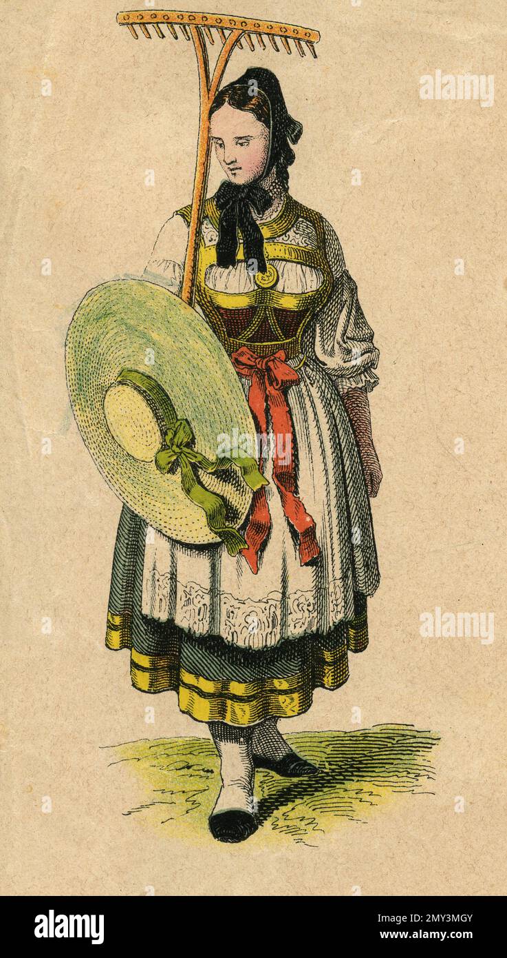 Dessin de mode: Femme paysanne, illustration de couleur, 1800s Banque D'Images