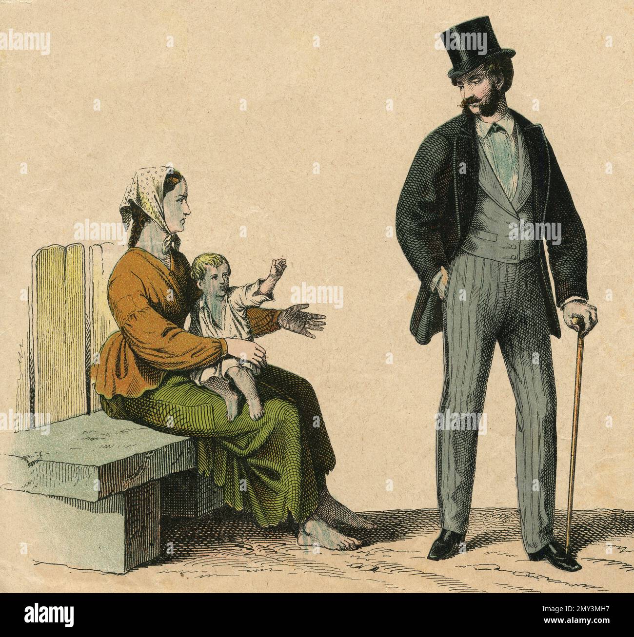 Dessin de mode: Le riche et le pauvre, illustration de couleur, 1800s Banque D'Images