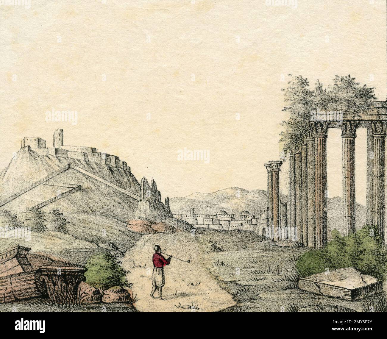 Vue d'Athènes, Grèce, illustration couleur, 1800s Banque D'Images