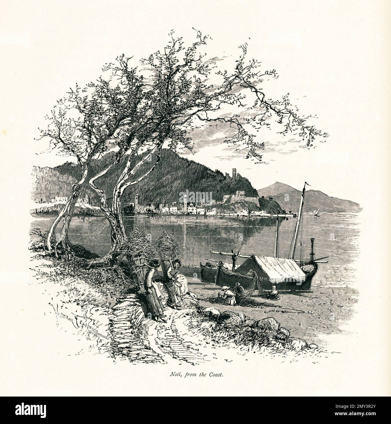 Gravure antique de Noli, une commune italienne, vue sur la côte de la mer Ligurienne. Illustration publiée dans la pittoresque Europe, vol III (C Banque D'Images