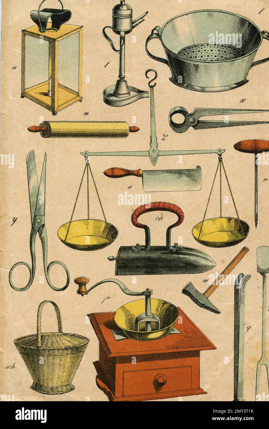 Anciens objets couramment utilisés: Broyeur, échelle, ciseaux, pinces, tamis, fer, panier, etc., illustration de couleur, 1800s Banque D'Images