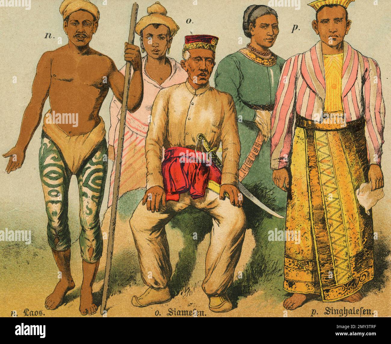 Populations du monde: Laos, Siamois, Singhalois, illustration de couleur, Allemagne 1800s Banque D'Images