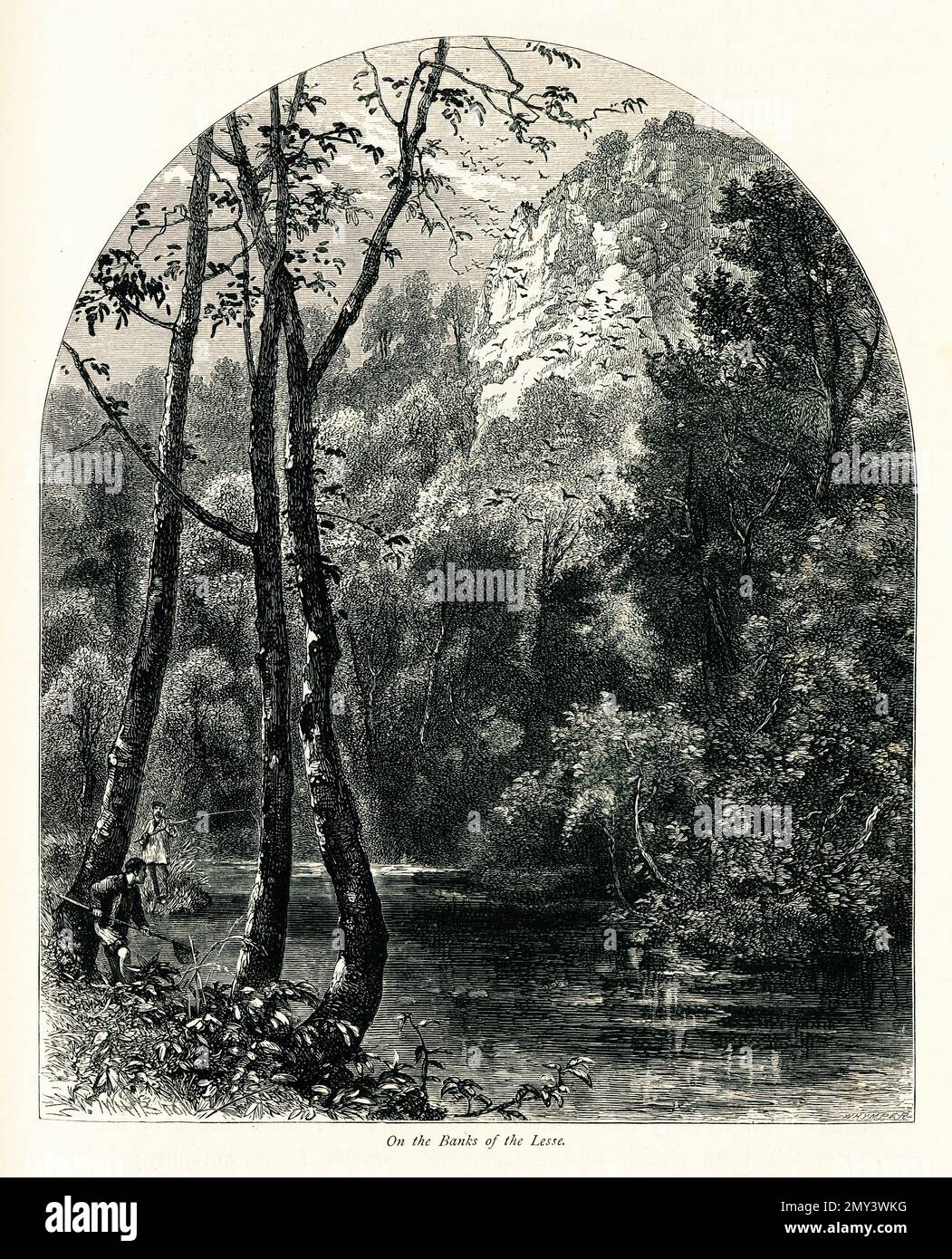 Vue du 19th siècle depuis les rives de la Lesse en région wallonne en Belgique. Gravure publiée dans la pittoresque Europe, vol V (Cassell et COM Banque D'Images