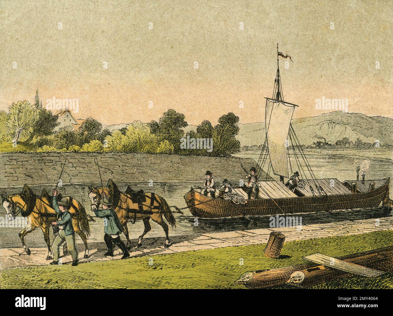 Barge à cheval, illustration en couleur, 1800s Banque D'Images