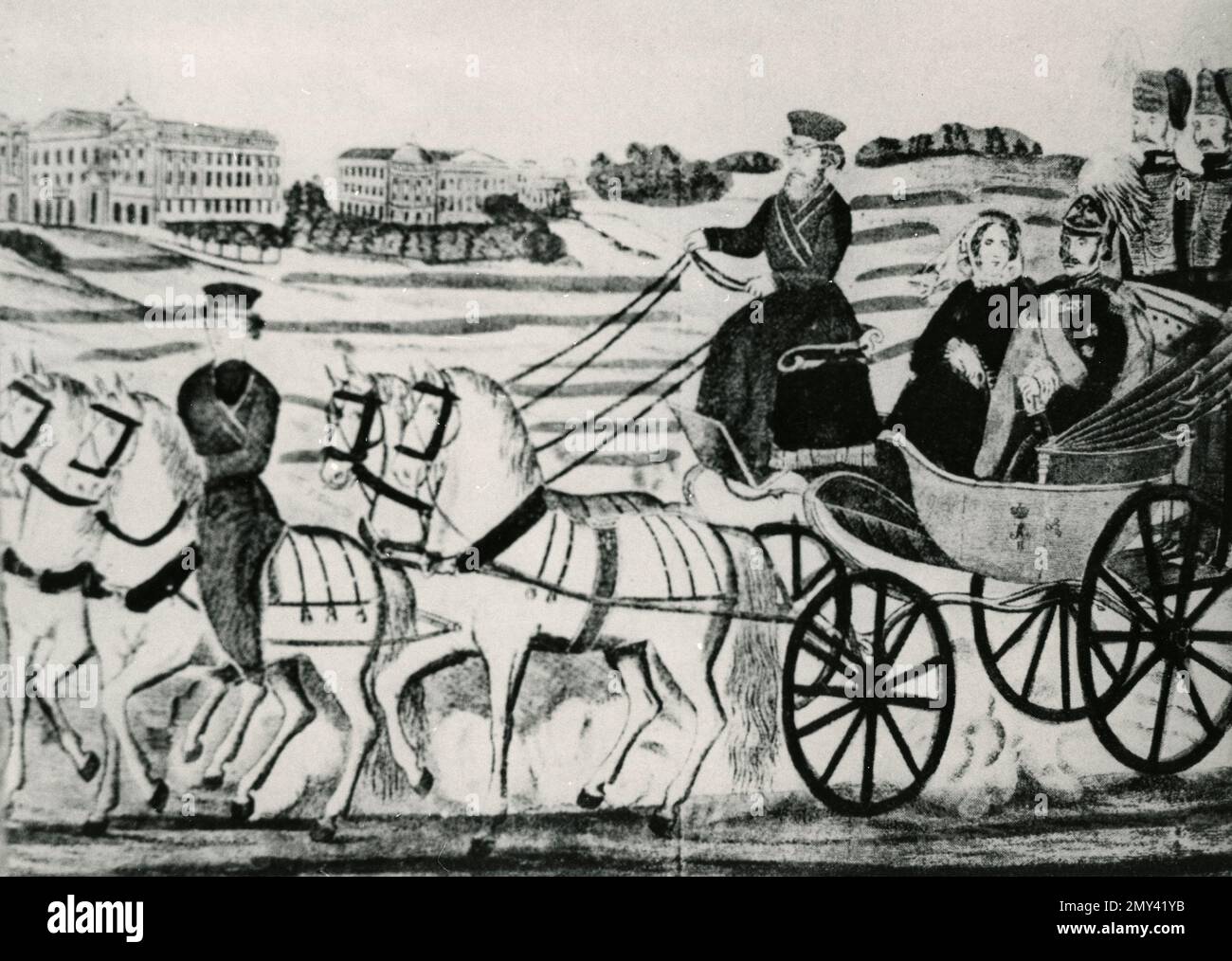 Empereur russe avec sa femme dans la calèche, illustration, 1800s Banque D'Images