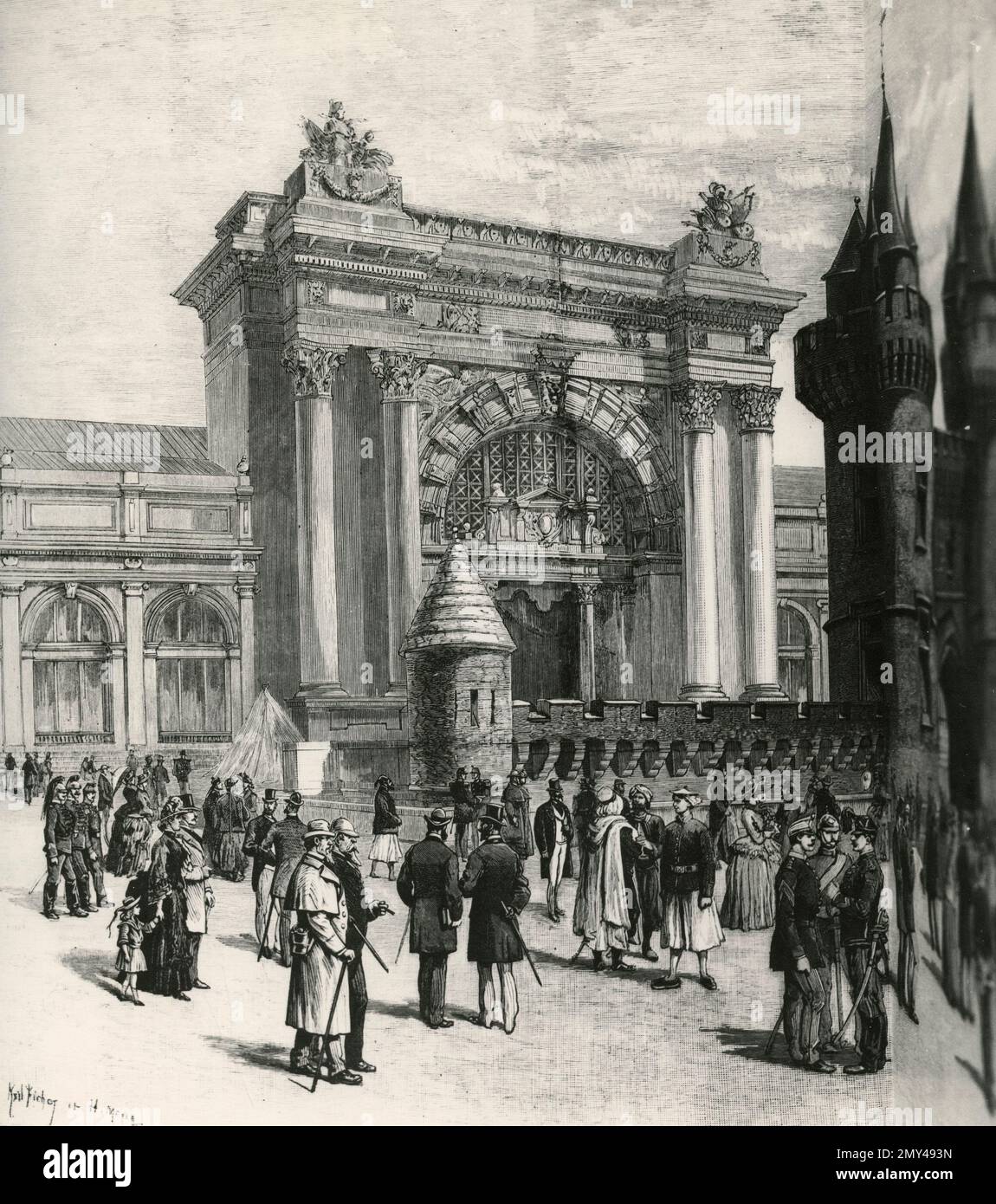 Palais et tours non identifiés, illustration 1800s Banque D'Images