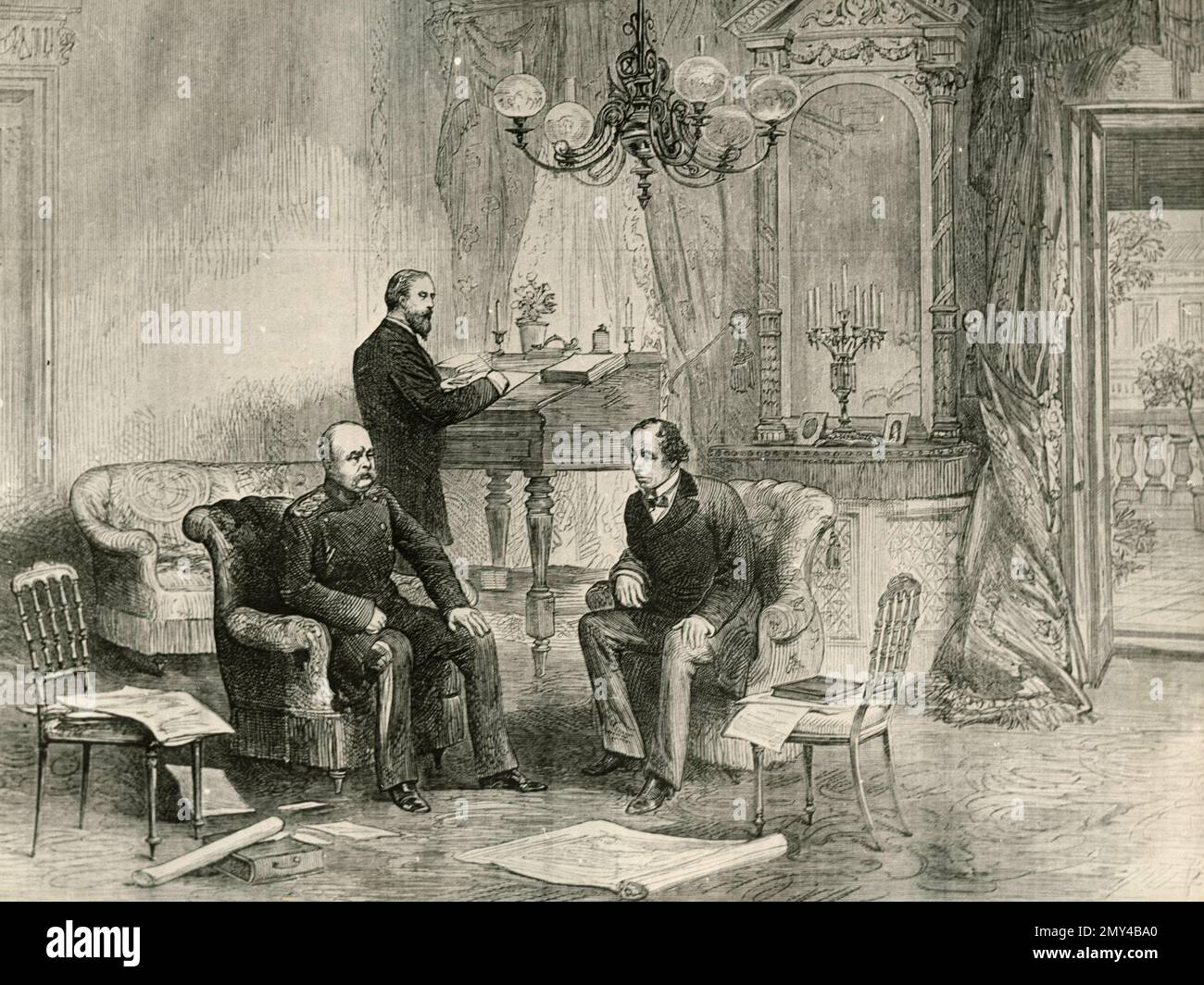 L'homme d'État et diplomate allemand Otto von Bismarck et l'homme d'État et politicien conservateur britannique Benjamin Disraeli, Berlin, Allemagne 1878, illustration Banque D'Images