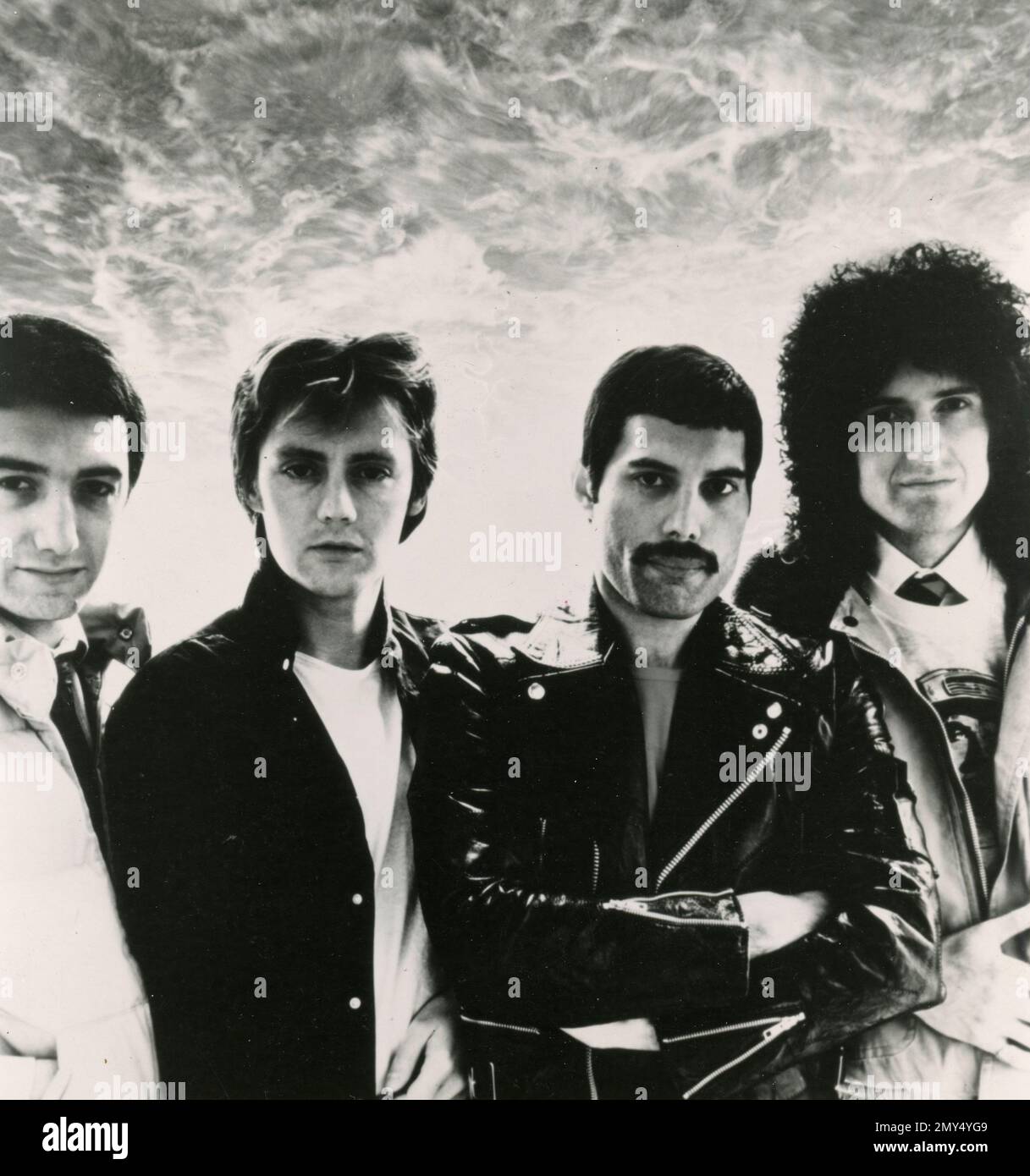 Membres du groupe de rock pop britannique Queen: From Left John Deacon, Roger Taylor, Freddie Mercury et Brian May, UK 1970s Banque D'Images