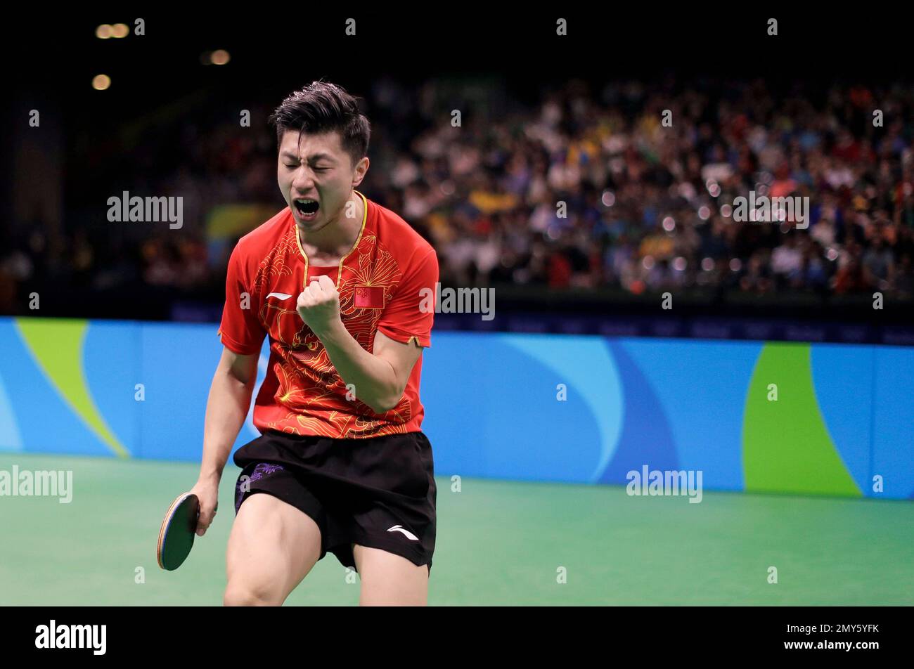 Ma Long, of China, celebrates after beating Zhang Jike, of China, to win the men's table tennis gold medal match at the 2016 Summer Olympics in Rio de Janeiro, Brazil, Thursday, Aug. 11, 2016.(AP Photo/Petros Giannakouris) Banque D'Images