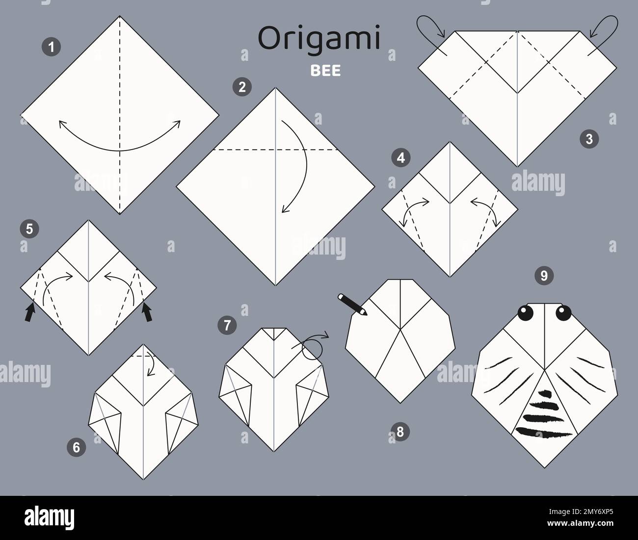 Tutoriel Origami. Origami jeu abeille pour enfants . Illustration de Vecteur