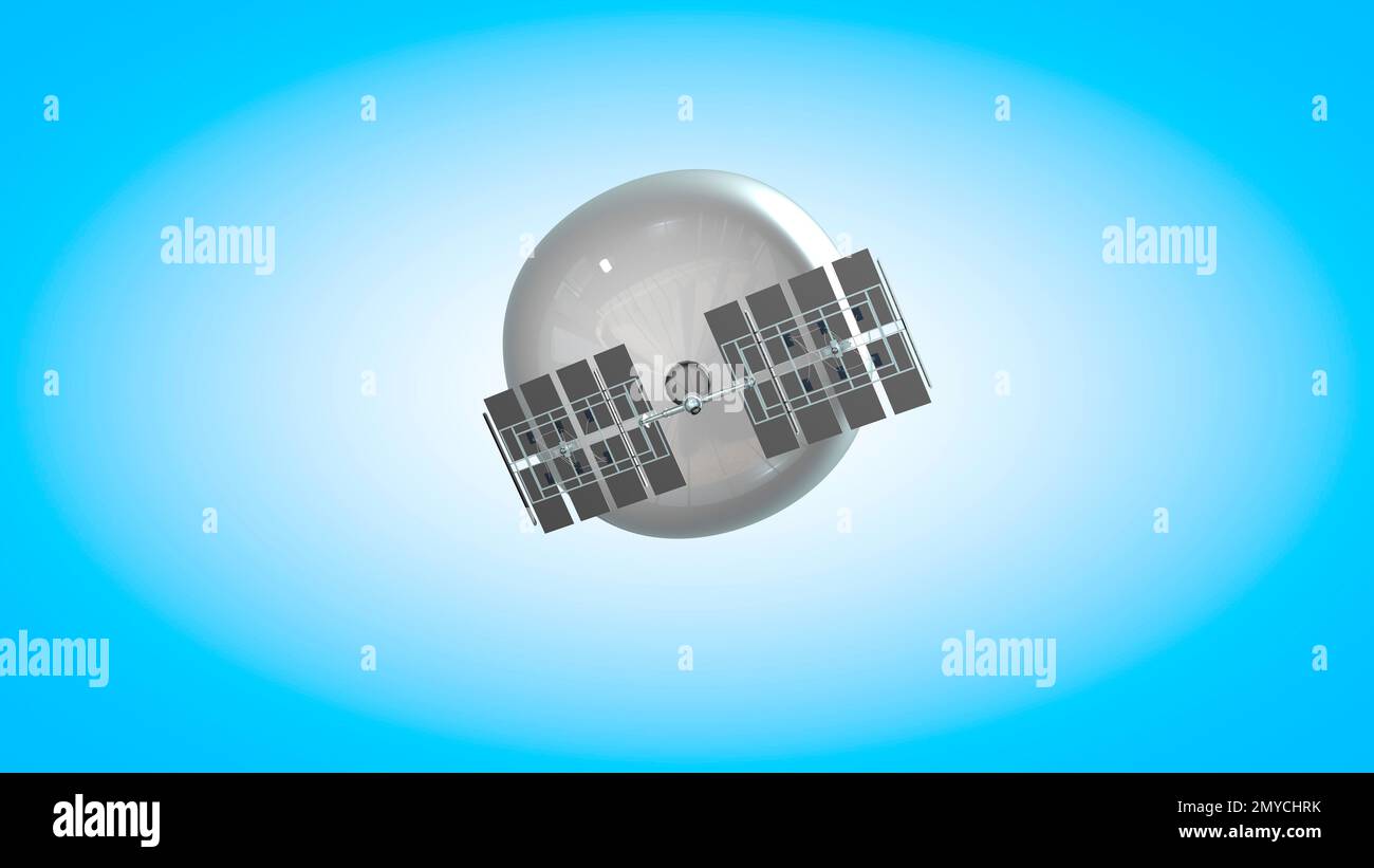Ballon espion. Ballon météo avec panneaux solaires. Vue depuis le sol. Ballon Aerostatic. 3d rendu Banque D'Images