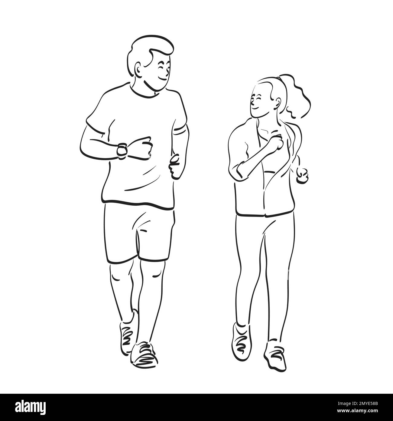 line art course à pied couple jogging entraînement illustration vecteur main dessiné isolé sur fond blanc Illustration de Vecteur