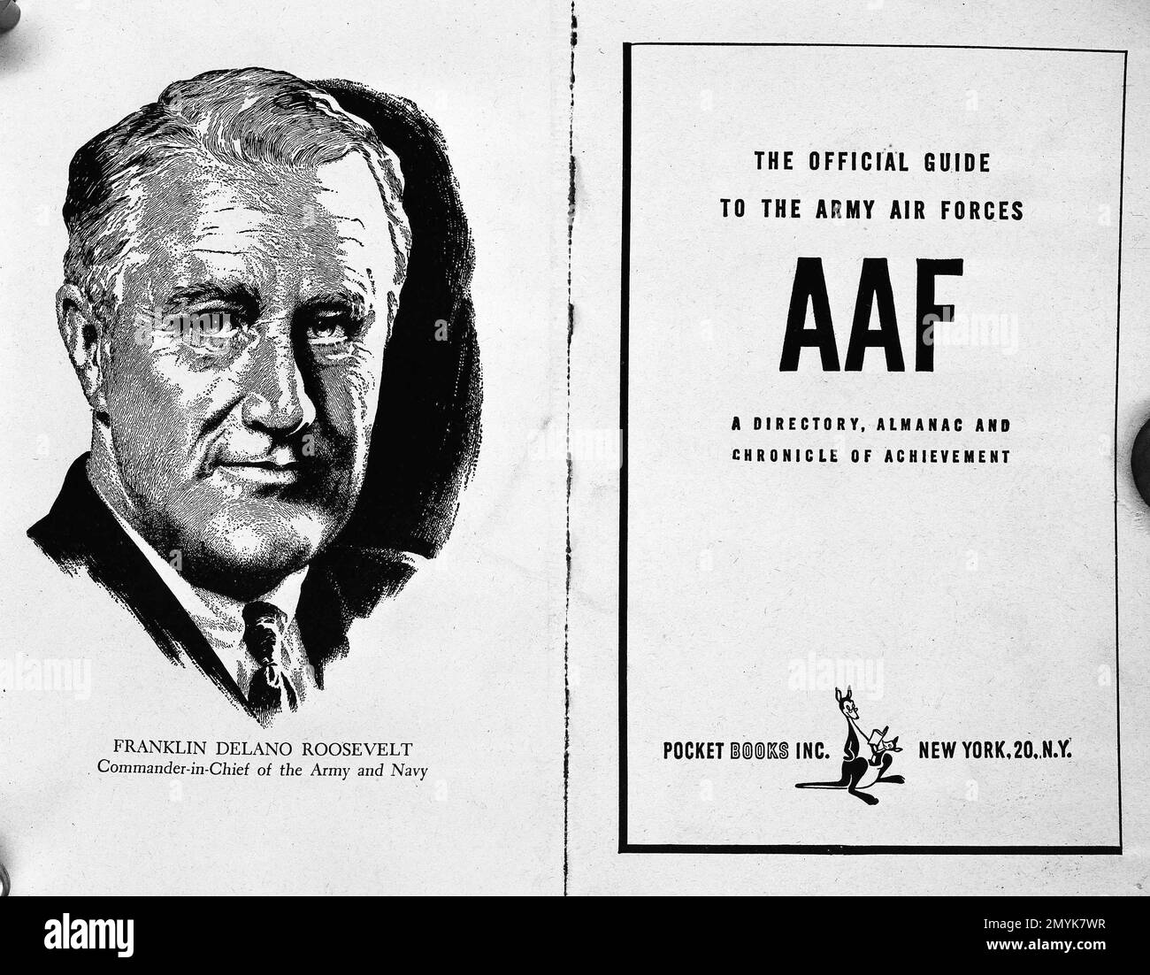 A portrait of President Franklin Roosevelt faces the title page of "The Official Guide to Army Air Forces," shown on Aug. 11, 1944. The New York Herald Tribune quoted Maj. Gen. Alexander Surles, chief of the Army Bureau of Public Relations, as confirming the ban on the guide from sale at post exchanges because of the president's portrait. the paper said the ban was invoked because of possible violation of title five of the soldier's Vote Law. (AP Photo) Banque D'Images