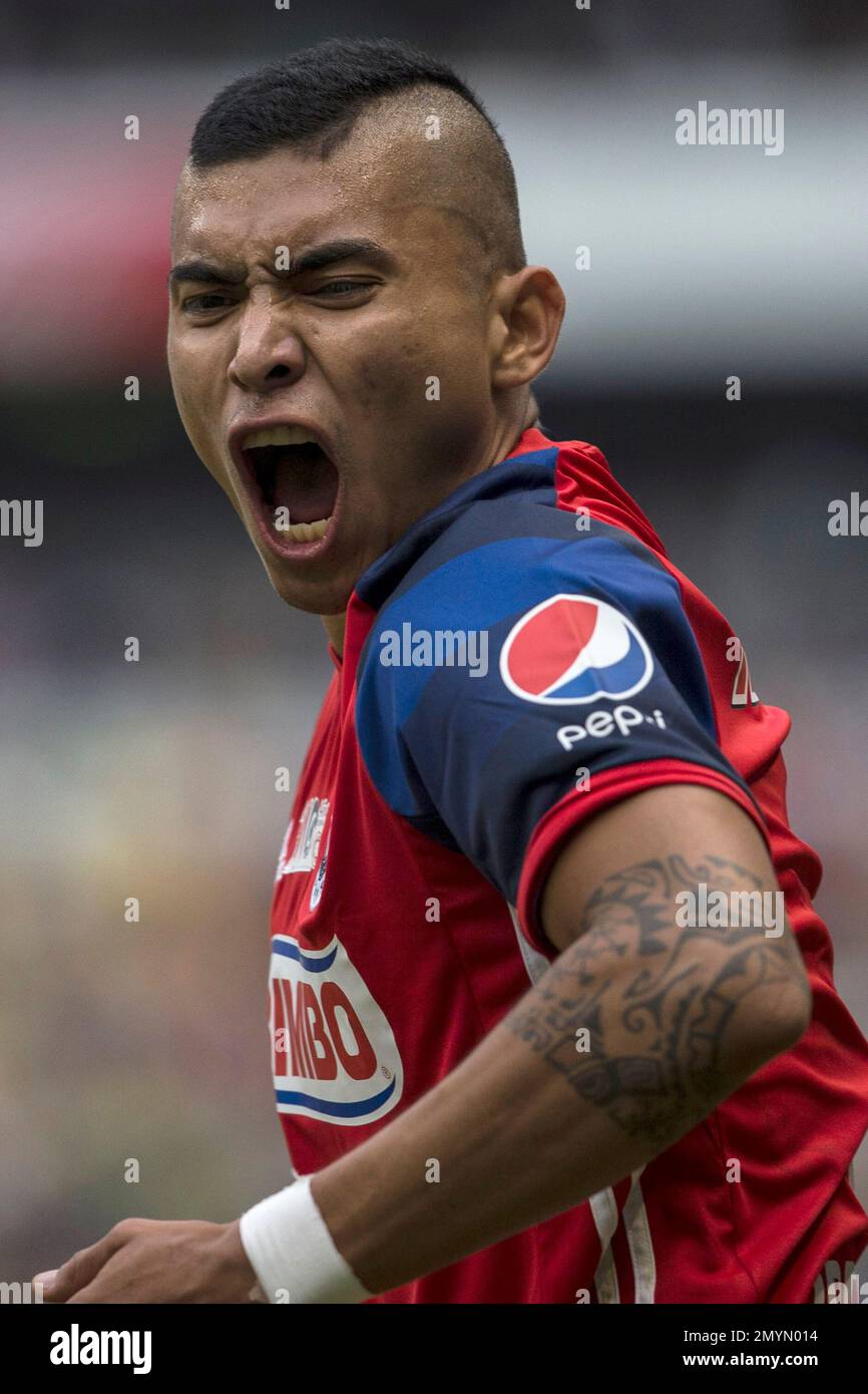 Chivas' Orbelin Pineda, celebrates after scoring against America during a Mexican soccer league match in Mexico City, Sunday, May 15, 2016. (AP Photo/Christian Palma) Banque D'Images