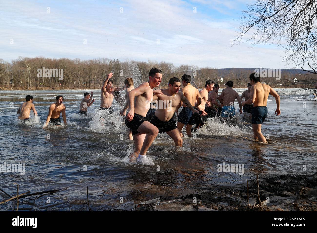 Lewisburg, États-Unis. 04th févr. 2023. Les membres du club de rugby de l'université de Bucknell participent à la plongée annuelle de l'ours polaire de Lewisburg en 19th. Les participants se sont emparées dans les eaux glacées de la branche ouest de la rivière Susquehanna alors que la température de l'air était de 23 degrés fahrenheit. Crédit : SOPA Images Limited/Alamy Live News Banque D'Images