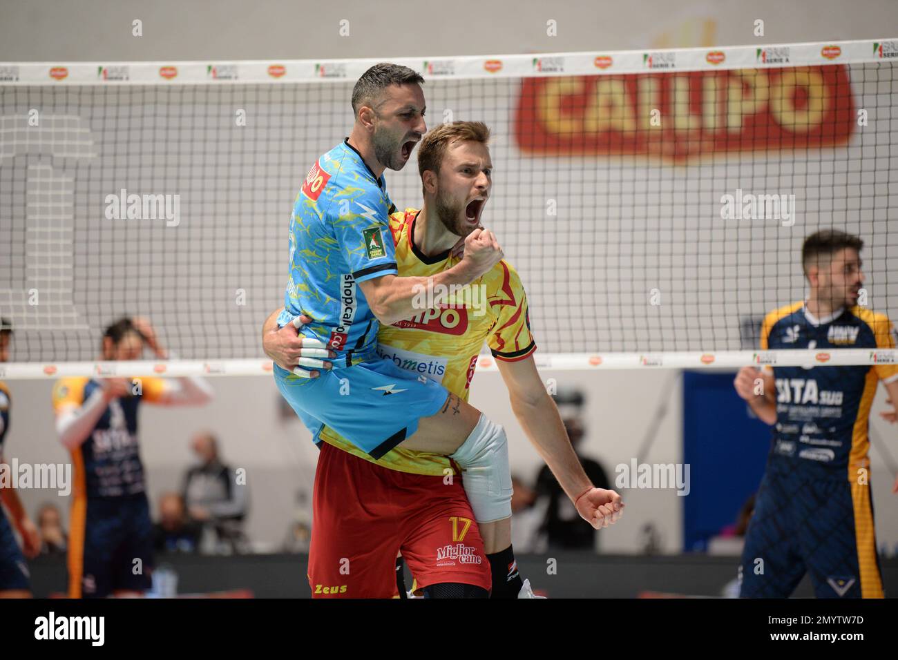 Vibo Valentia, Italie. 04th févr. 2023. Tonno Callipo exultation lors de la Del Monte Italian Cup A2 Homme final - Tonno Callipo Vibo Valentia vs BCC Castellana Grotte, Italian Volleyball Men Cup à Vibo Valentia, Italie, 04 février 2023 Credit: Independent photo Agency/Alay Live News Banque D'Images