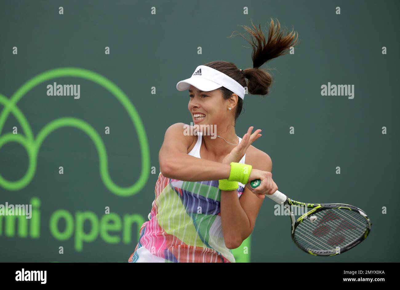 Ana Ivanovic, of Serbia, follows through on a serve to Teliana Pereira during their match at the Miami Open tennis tournament, Thursday, March 24, 2016, in Key Biscayne, Fla. (AP Photo/Lynne Sladky) Banque D'Images