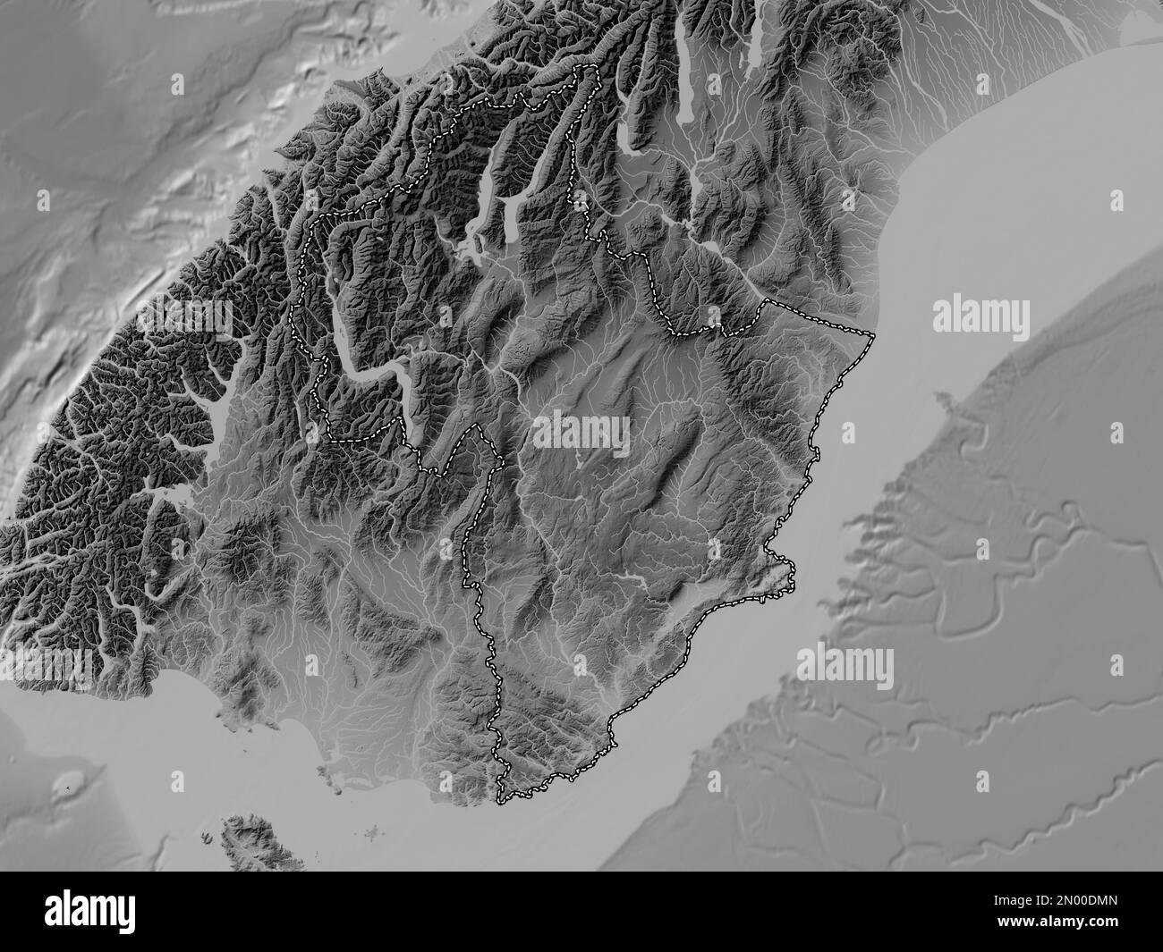 Otago, conseil régional de Nouvelle-Zélande. Carte d'altitude en niveaux de gris avec lacs et rivières Banque D'Images