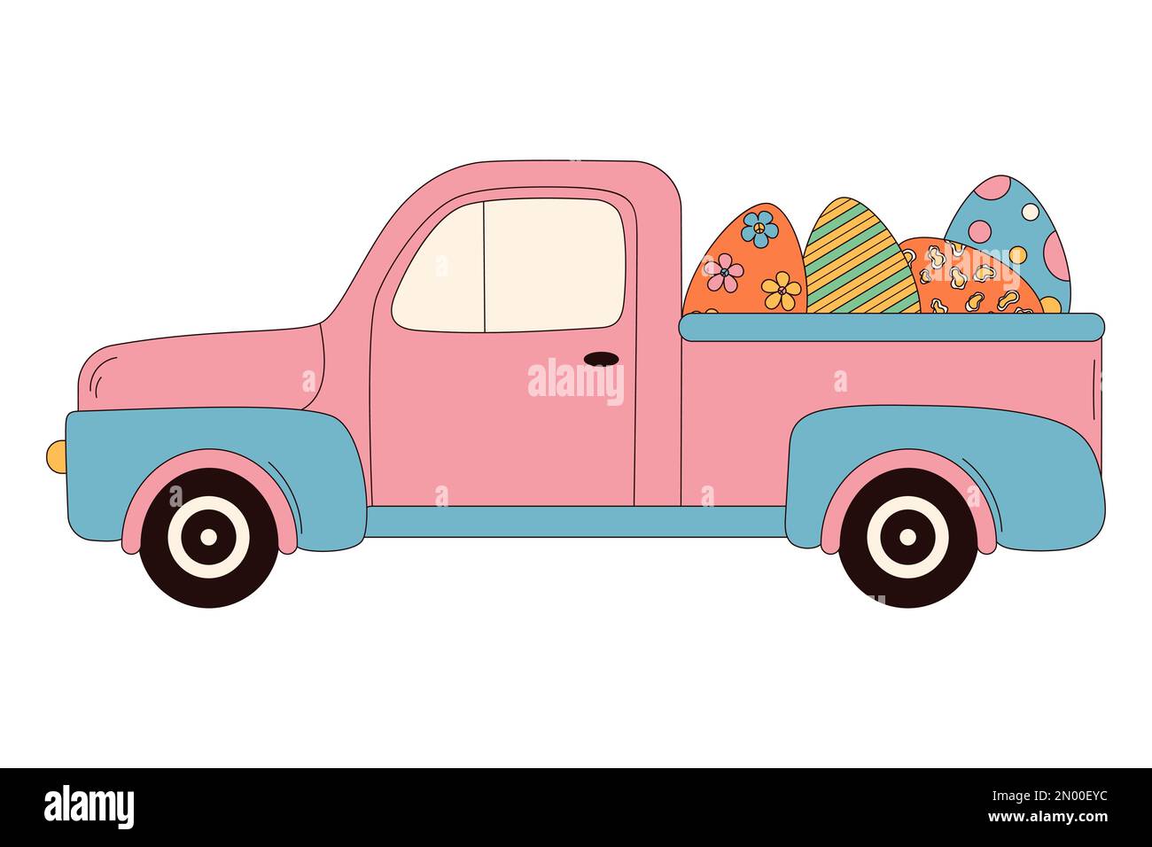 Joyeuses Pâques. hippie groovy Easter Egg Truck dans le style de dessin animé rétro tendance 60s 70s Illustration de Vecteur