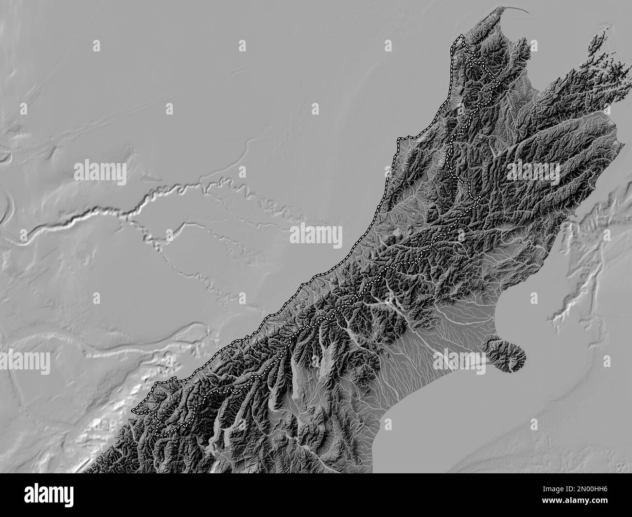 Côte Ouest, conseil régional de Nouvelle-Zélande. Carte d'altitude à deux niveaux avec lacs et rivières Banque D'Images