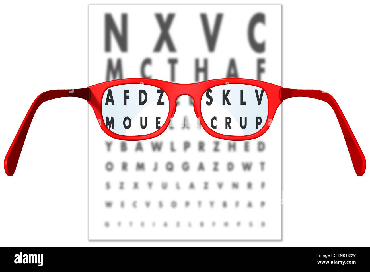 3D illustration. Les verres de lunettes focalisent les lettres pour une vue et une lecture parfaites. Banque D'Images