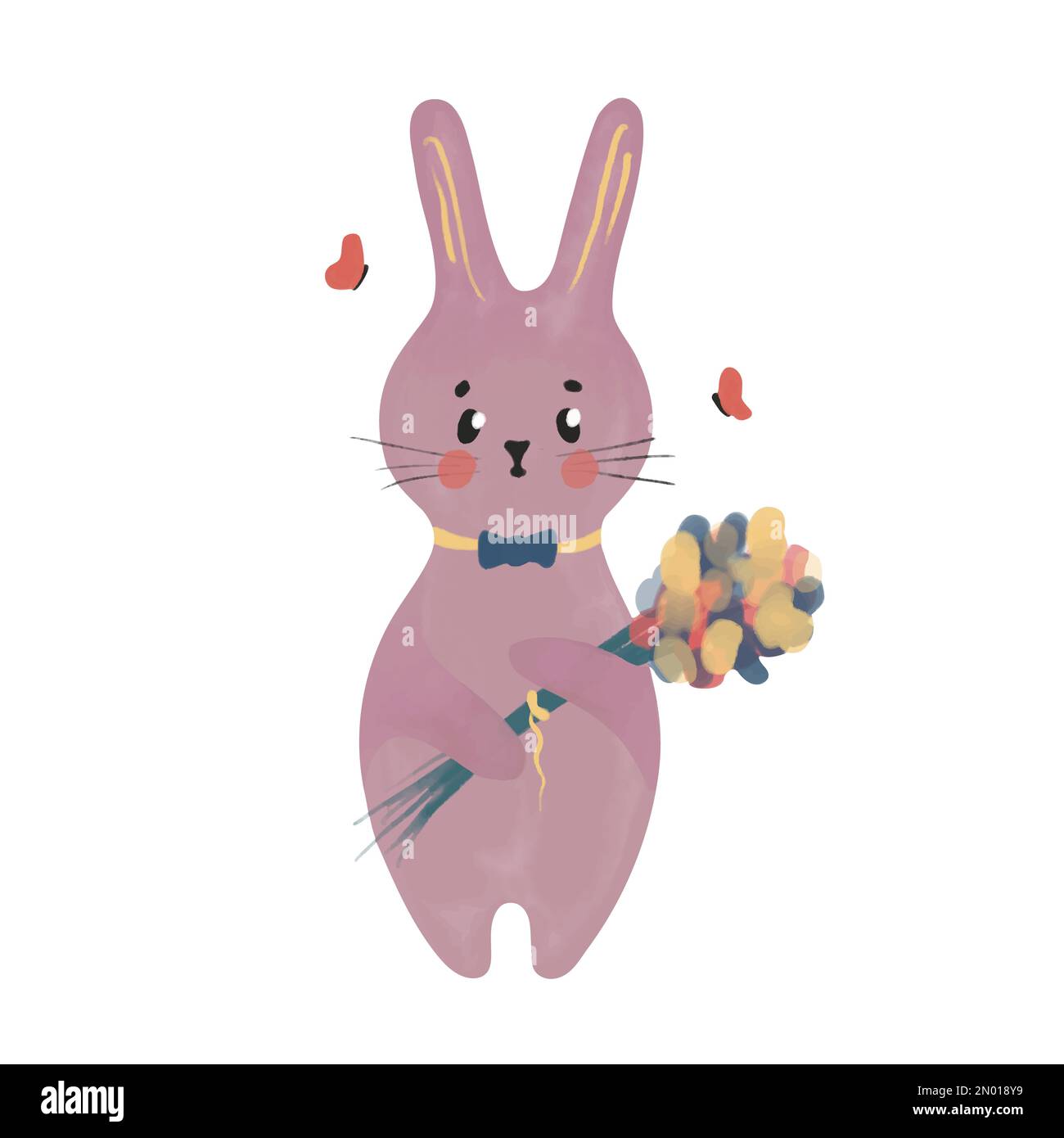 Illustration de l'aquarelle du joli lapin. Printemps joli lapin en noeud papillon avec bouquet de fleurs. Elément de conception isolé sur fond blanc. Illustration de Vecteur