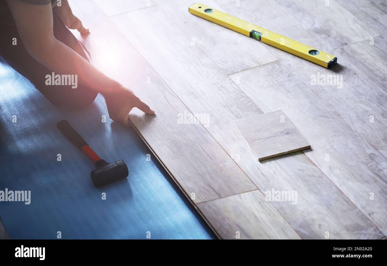 Installation de plancher laminé, détails sur les mains d'homme tenant des carreaux de bois, sur la couche de base en mousse blanche, petite pile avec plus de tuiles arrière-plan Banque D'Images