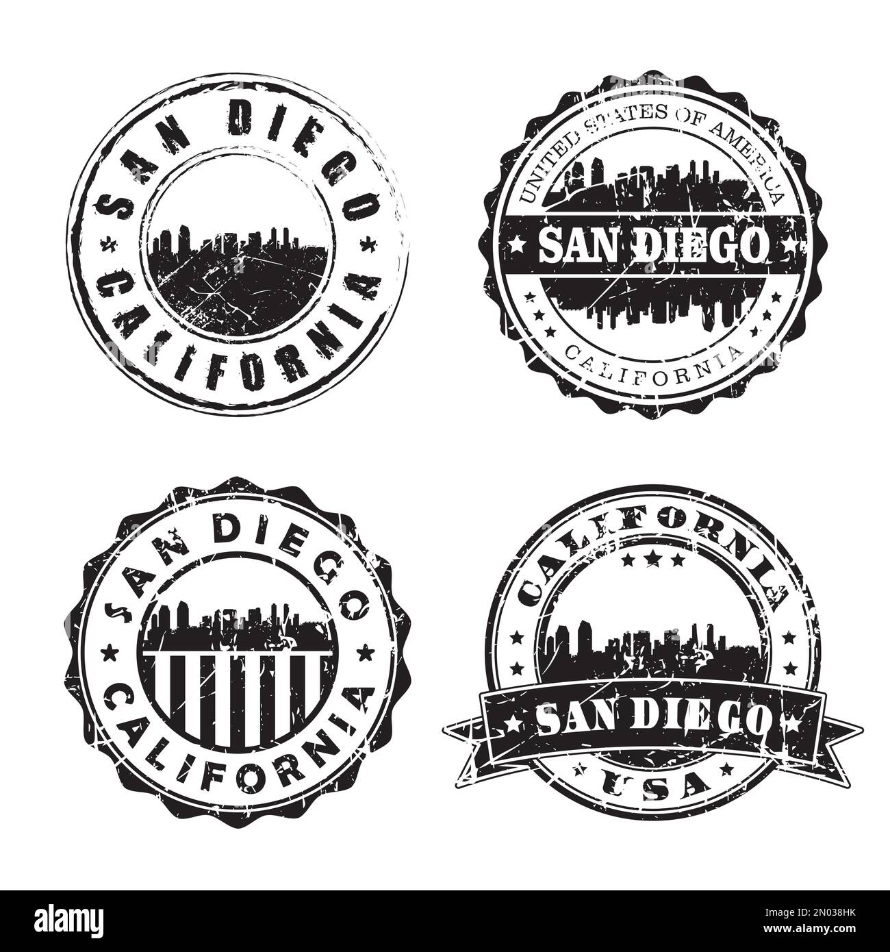 San Diego California Stamp, marque de poste Skyline. Passeport postal Silhouette. Jeu d'icônes City Round Vector. Postage vintage Illustration de Vecteur