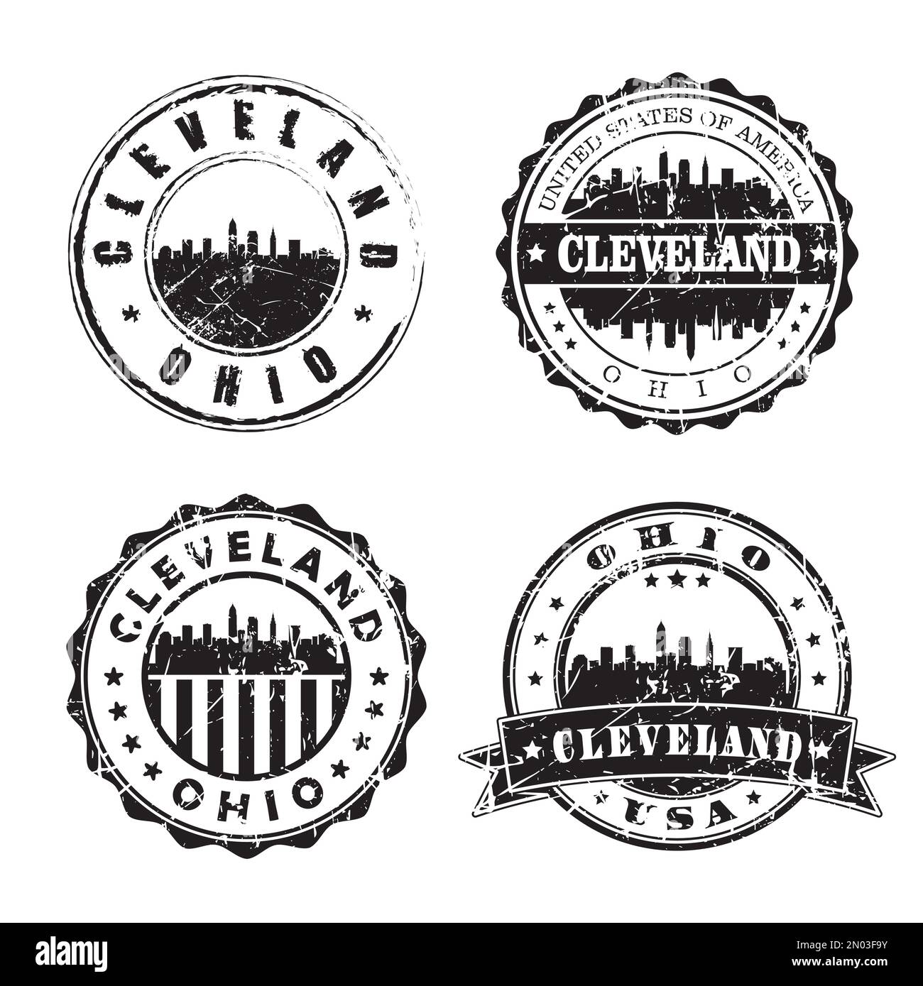 Cleveland Ohio Stamp, marque de poste Skyline. Passeport postal Silhouette. Jeu d'icônes City Round Vector. Postage vintage Illustration de Vecteur