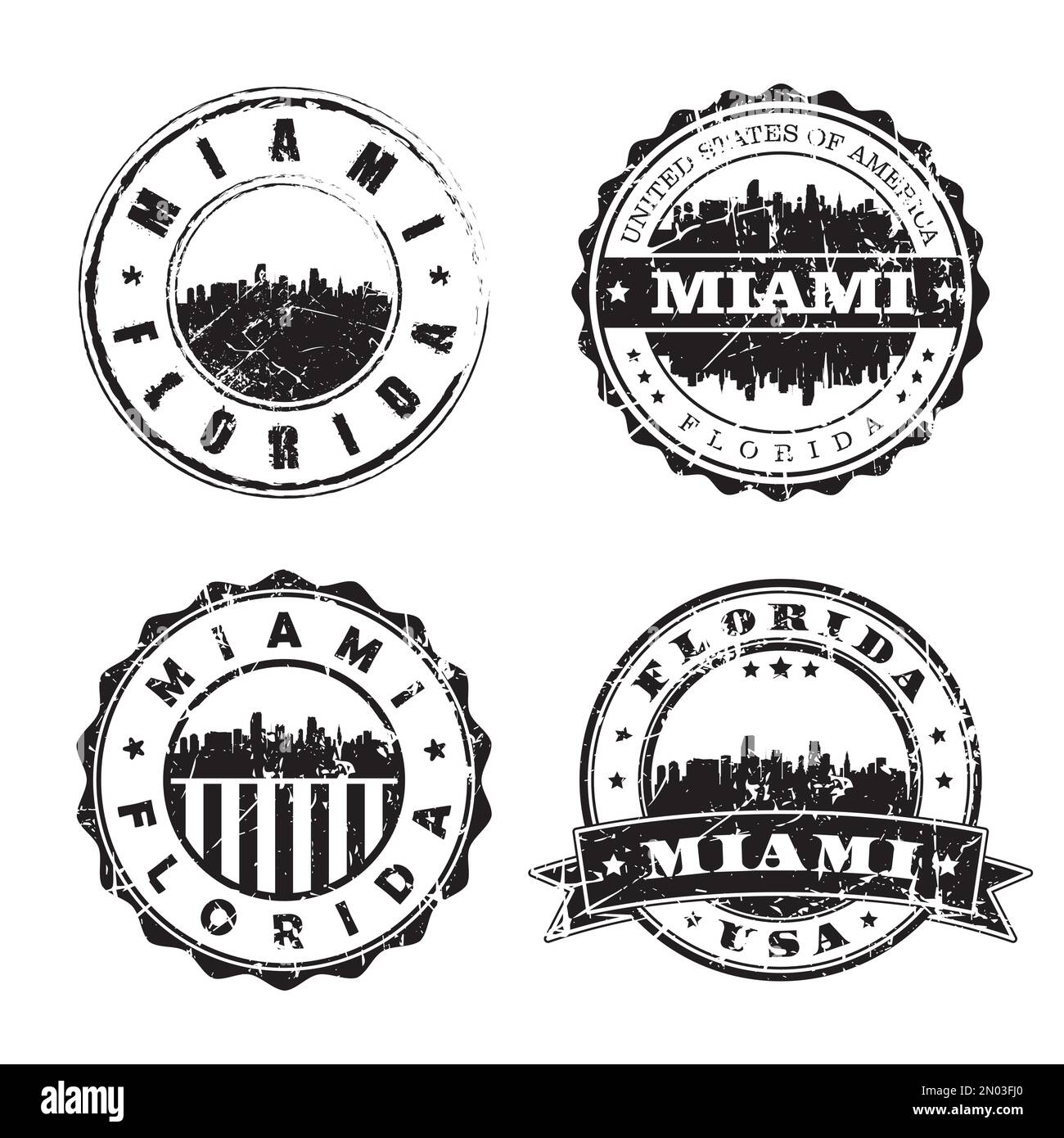 Cachet de la poste Miami Florida Skyline. Passeport postal Silhouette. Jeu d'icônes City Round Vector. Postage vintage Illustration de Vecteur