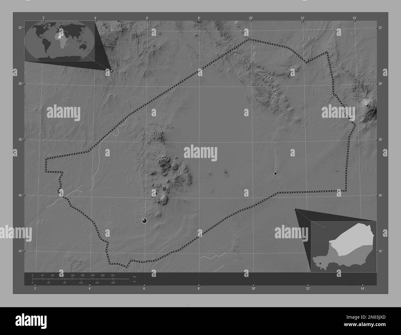 Agadez, département du Niger. Carte d'altitude à deux niveaux avec lacs et rivières. Lieux des principales villes de la région. Cartes d'emplacement auxiliaire d'angle Banque D'Images