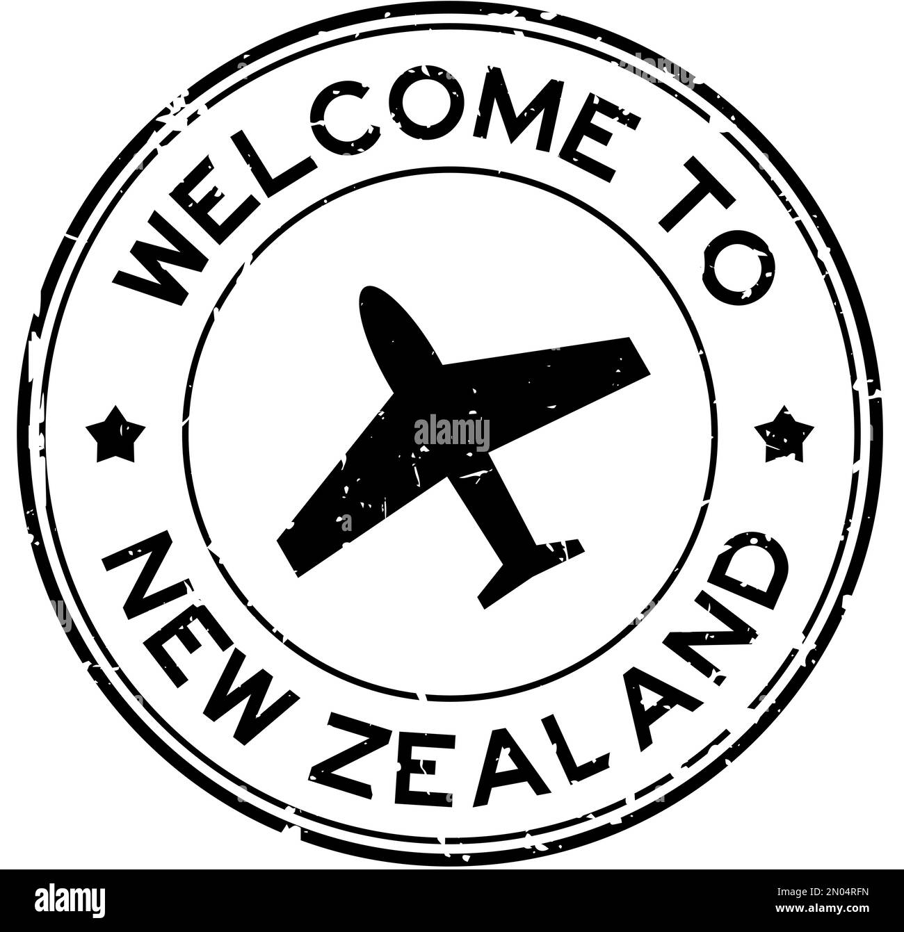 Grunge noir bienvenue à la nouvelle-zélande avec l'icône de l'avion cachet rond de caoutchouc sur fond blanc Illustration de Vecteur