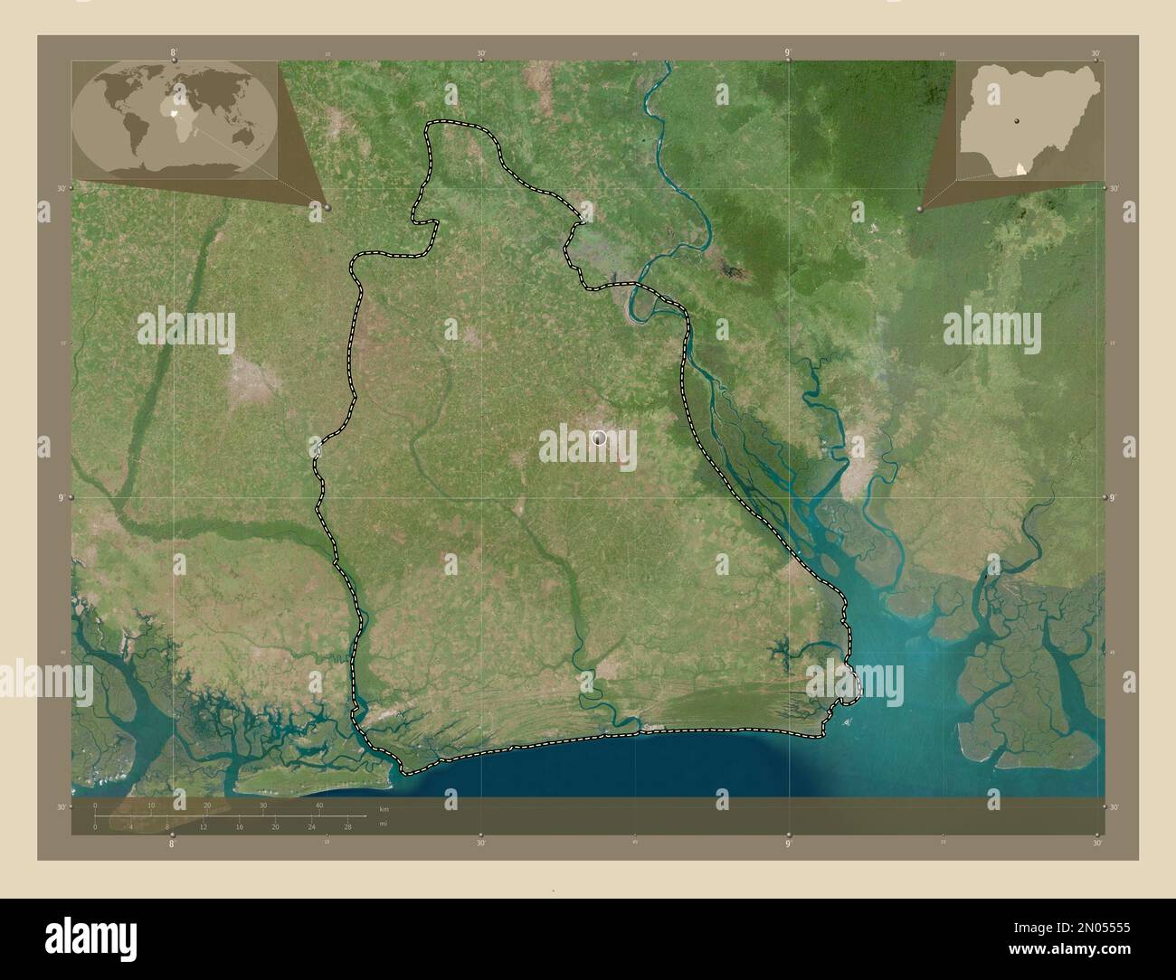 Akwa Ibom, État du Nigéria. Carte satellite haute résolution. Cartes d'emplacement auxiliaire d'angle Banque D'Images