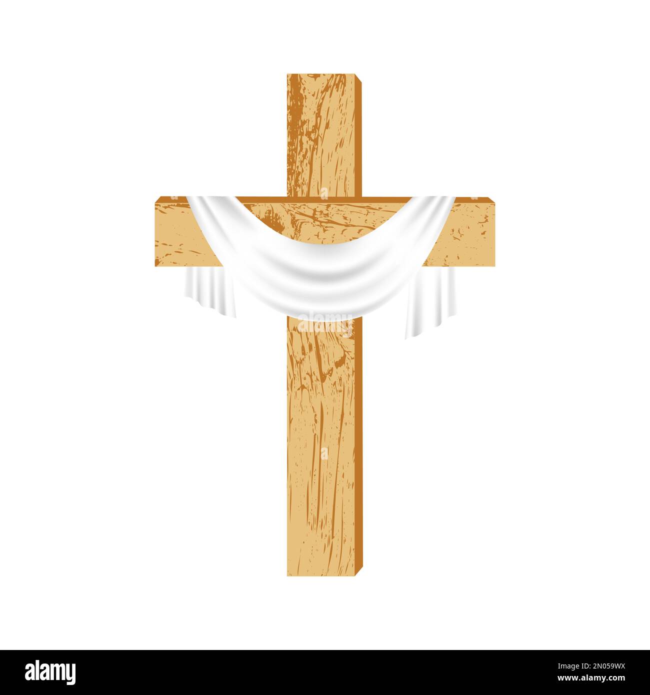 Croix chrétienne en bois. Simple croix en bois avec un carénage blanc, tissu sur fond blanc. Élément de conception pour Pâques, dimanche des palmiers, Résurrecti Illustration de Vecteur