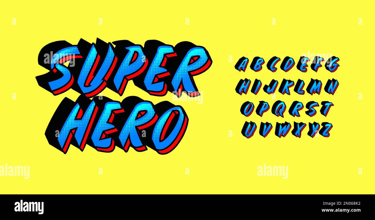 Alphabet de bande dessinée, lettres dynamiques de super-héros, police onomatopoeia pour le logo et le titre de dessin animé, typographie drôle d'époque avec effet 3D, conception de jeu Illustration de Vecteur