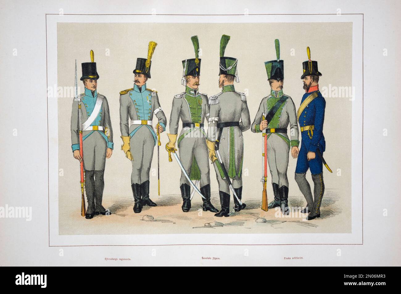 Les unités et uniformes de l'armée finlandaise 1809-1809. A Pori's Regiment, un Bataillon de Savonia's Jäger, une artillerie finlandaise. Le 21 février 1808, troupe russe Banque D'Images