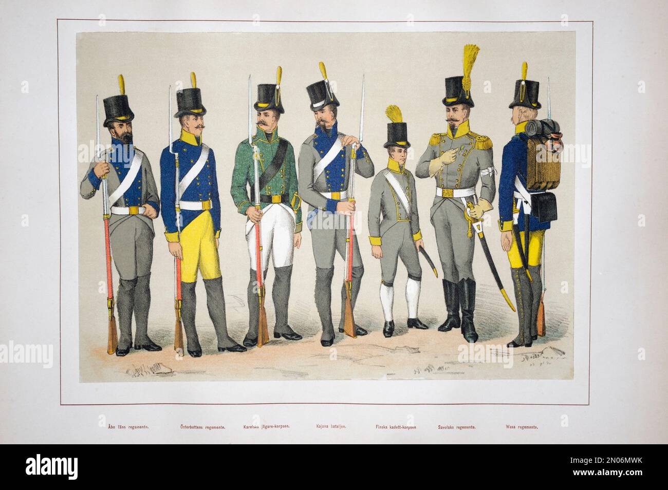 Les unités et uniformes de l'armée finlandaise 1809-1809. A Turku province's Regiment, a Ostrobothnia's Regiment, a Karelia's Jäger corps, a Kajaani's Battalion, Banque D'Images