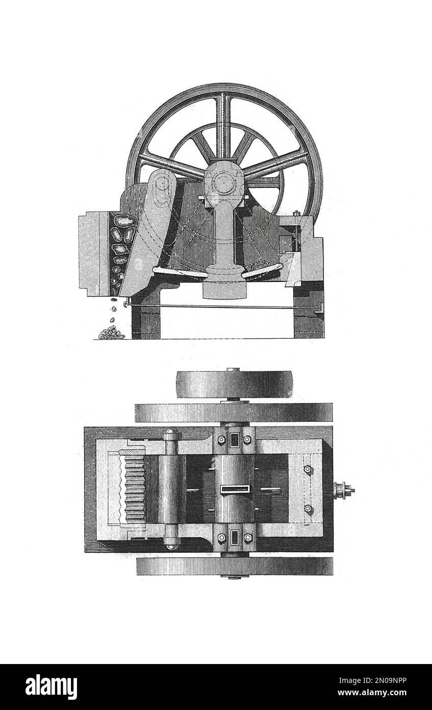 Illustration ancienne des premiers concasseurs. Gravure publiée dans Systematischer Bilder Atlas - Bauwesen, Ikonographische Encyklopedie der Wissenschaftte Banque D'Images