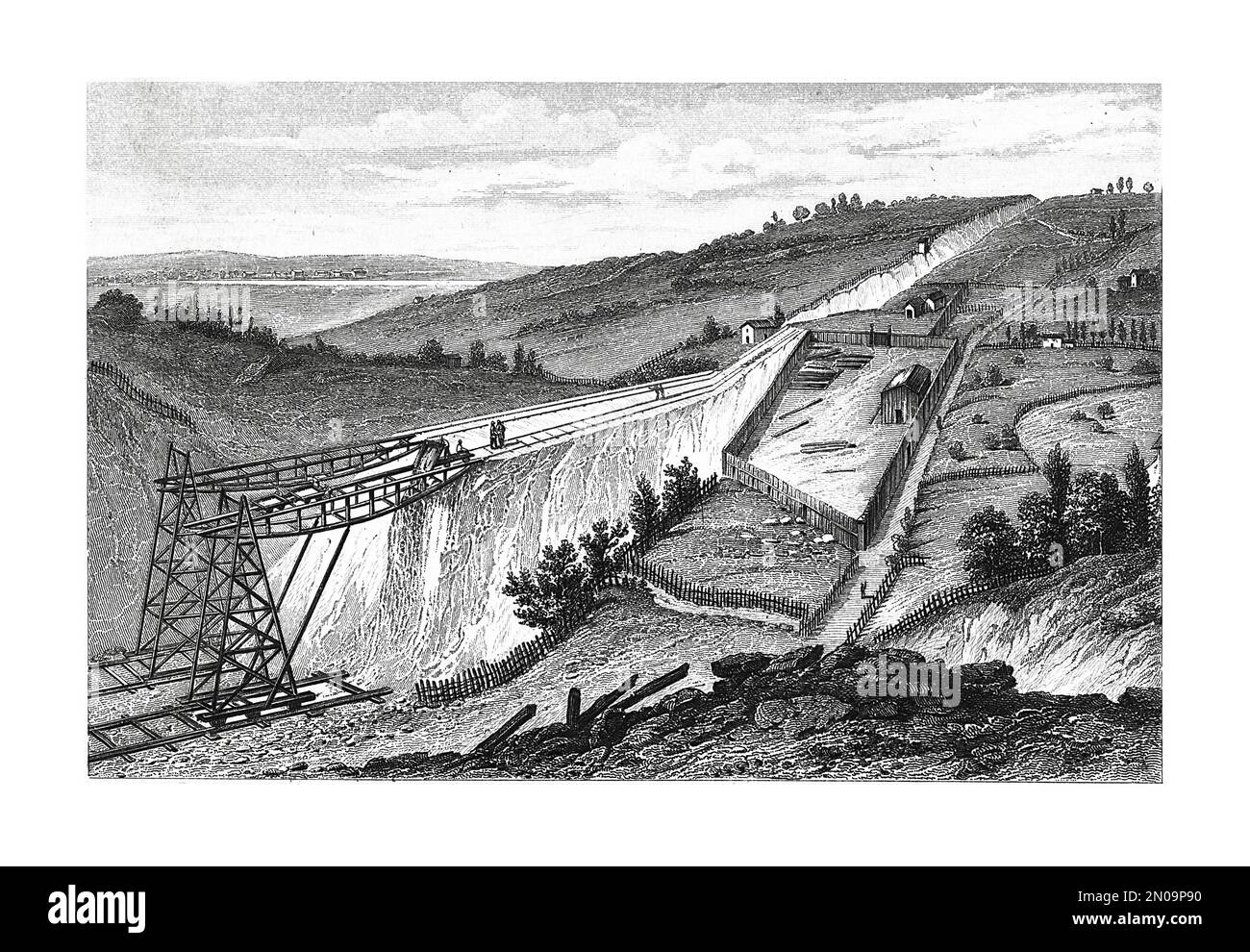 Illustration ancienne illustrant la construction de rails. Gravure publiée dans Systematischer Bilder Atlas - Bauwesen, Ikonographische Encyklo Banque D'Images