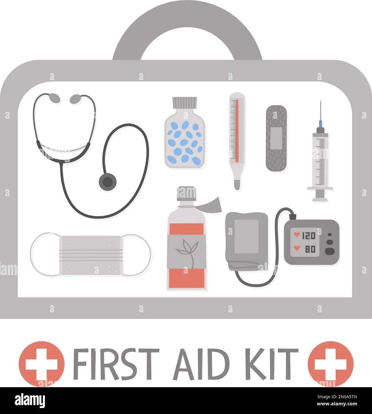 Kit de premiers soins Vector avec équipement. Boîte d'urgence médicale avec médicament, stéthoscope, tonomètre. Outils de médecin disposés dans un sac Illustration de Vecteur