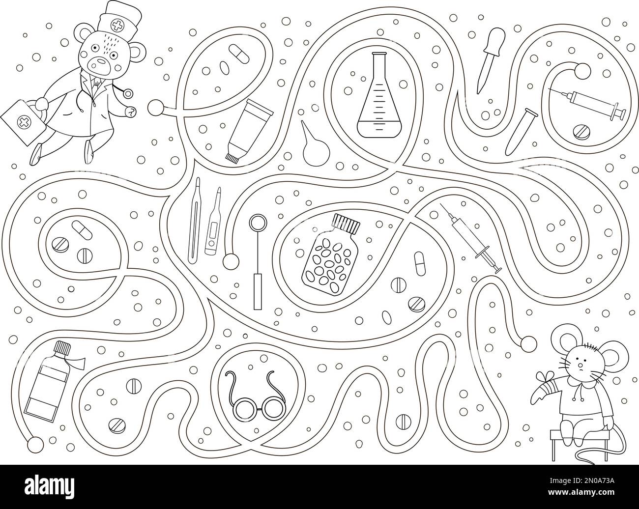 Labyrinthe de contour médical pour les enfants. Activité de médecine préscolaire. Jeu de puzzle drôle et page de coloration avec mignon médecin ours, souris malade, pilules, l'équipement méd Illustration de Vecteur