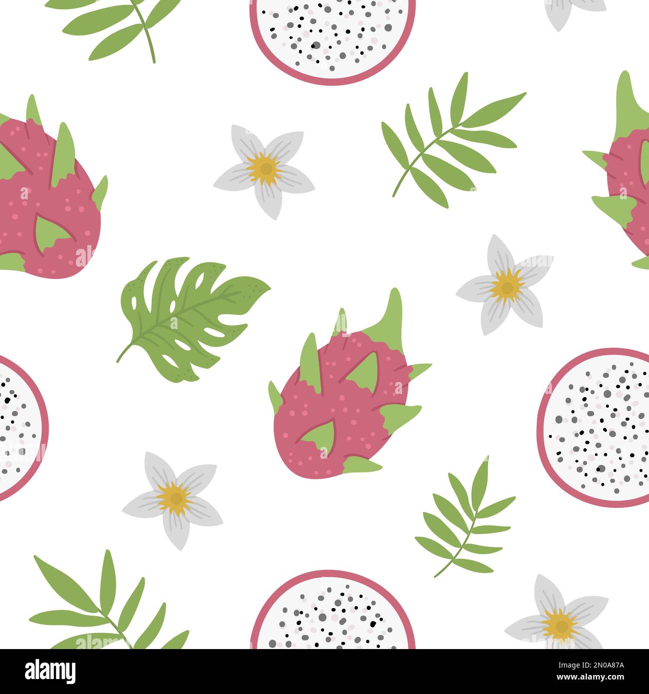 Motif vectoriel sans couture de fruit dragon. Fond de répétition de fruit de la jungle. Texture exotique plate dessinée à la main. Puériculture lumineuse saine tropicale nourriture d'été creuser Illustration de Vecteur