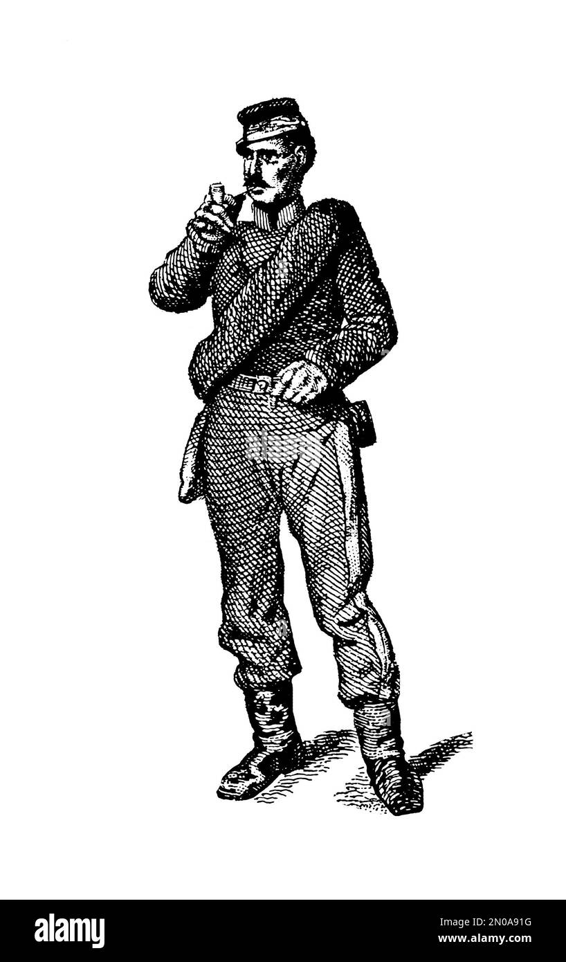 Illustration antique représentant l'unité militaire anglaise au XIX siècle.soldat d'infanterie. Gravure publiée dans Systematischer Bilder Atlas - Kriegwesen Banque D'Images