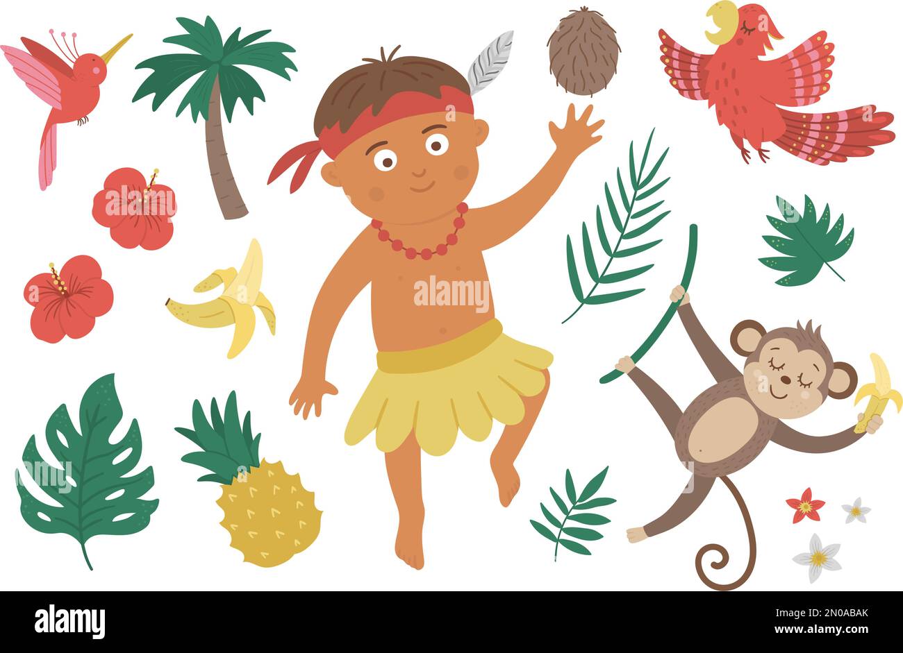 Vecteur plat africain ou papuan garçon avec des oiseaux, des fleurs, des fruits, le singe. Ensemble d'éléments tropicaux, de jungle et exotiques. Collection d'art estival drôle Illustration de Vecteur