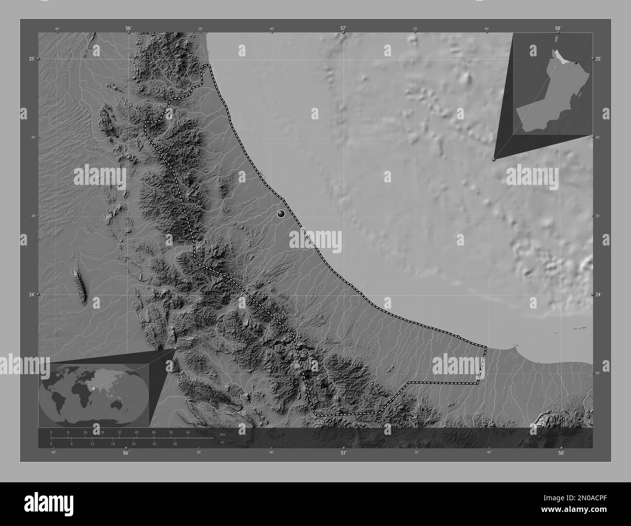 Al Batinah Nord, région d'Oman. Carte d'altitude à deux niveaux avec lacs et rivières. Cartes d'emplacement auxiliaire d'angle Banque D'Images