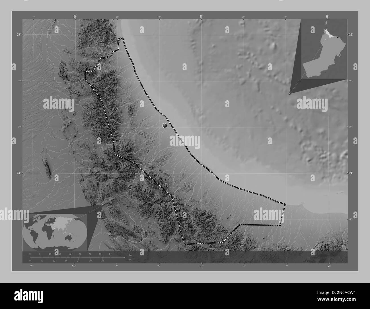 Al Batinah Nord, région d'Oman. Carte d'altitude en niveaux de gris avec lacs et rivières. Cartes d'emplacement auxiliaire d'angle Banque D'Images