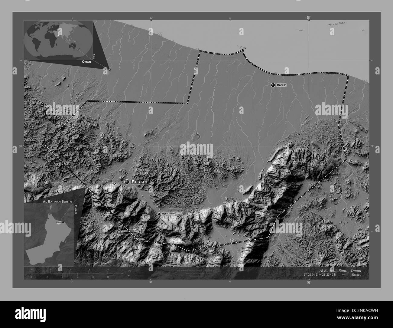 Al Batinah Sud, région d'Oman. Carte d'altitude à deux niveaux avec lacs et rivières. Lieux et noms des principales villes de la région. Emplacement auxiliaire de coin Banque D'Images