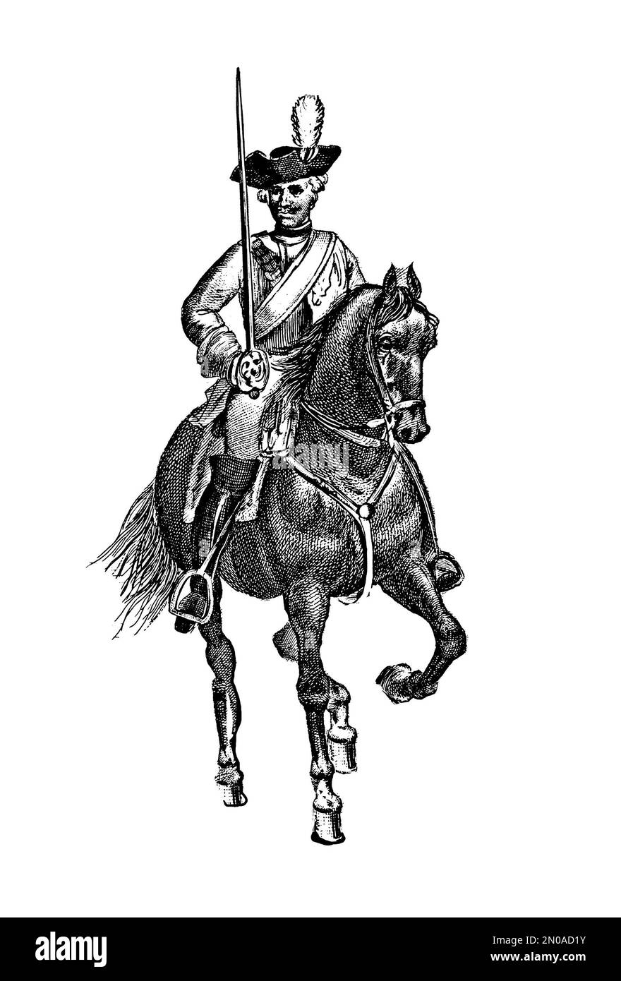 Gravure du 19th siècle des unités militaires européennes, XVII-XVII Troupes prussiennes - Cuirassier; 17. Personnel militaire; 18. Bosniak; 19. Hussar; 20. Grenadier Banque D'Images