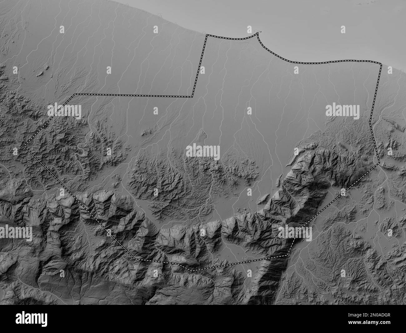 Al Batinah Sud, région d'Oman. Carte d'altitude en niveaux de gris avec lacs et rivières Banque D'Images