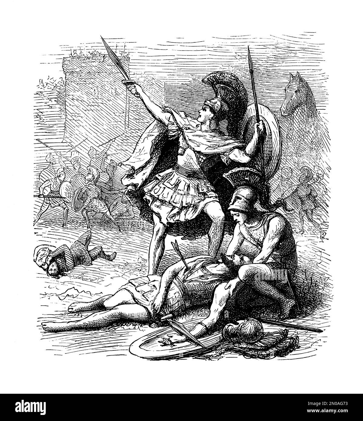Illustration antique des guerriers grecs en face de Troie pendant la guerre de Troie, qui a eu lieu ca. 1194-1184 C.-B. Gravure publiée dans Systematische Banque D'Images